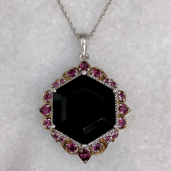 Black Tourmaline Rhodolite Garnet 14K YG Sterling Silver Pendant Necklace - Picture 8 of 13
